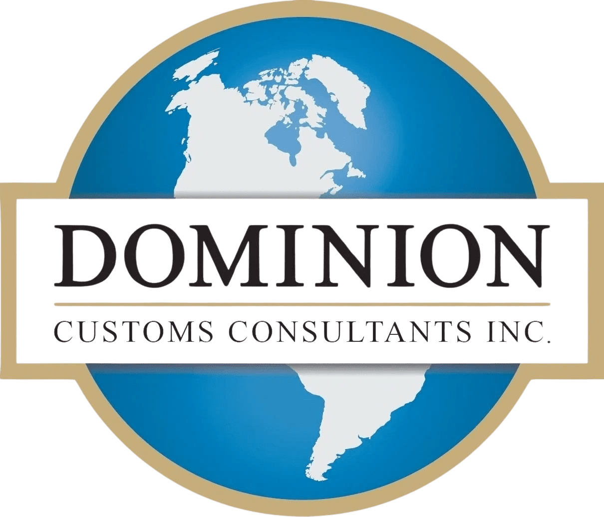 Logo of Dominion Customs Consultants Inc. featuring a globe with North and South America, encircled by a beige ring and overlaid with the company name.