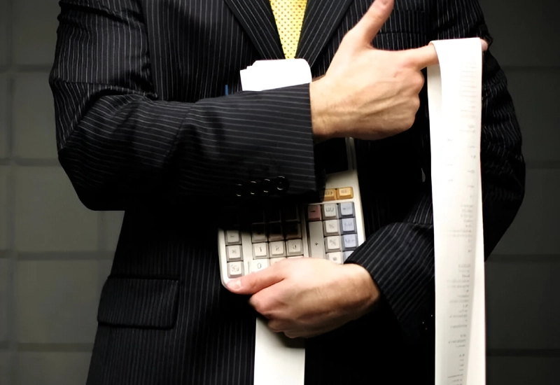 A man in a suit holding a calculator.