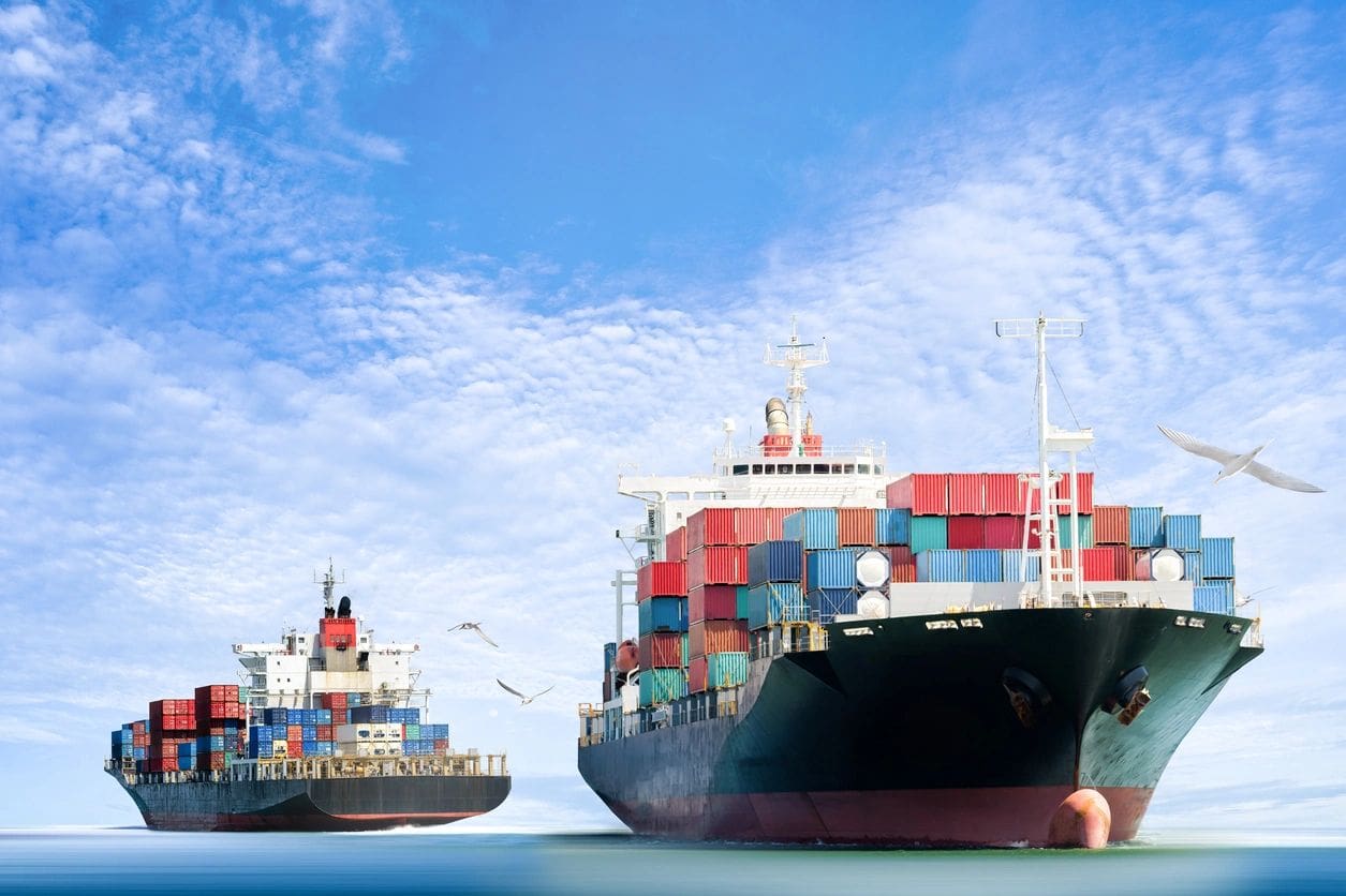 Two large ships in the water with a sky background