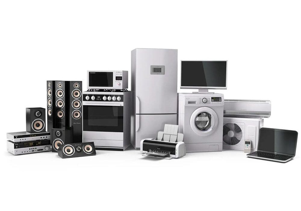 A collection of household electronics, optimized for business growth, featuring a refrigerator, washing machine, oven, microwave, speakers, printer, air conditioner, and a laptop arranged next to each other.