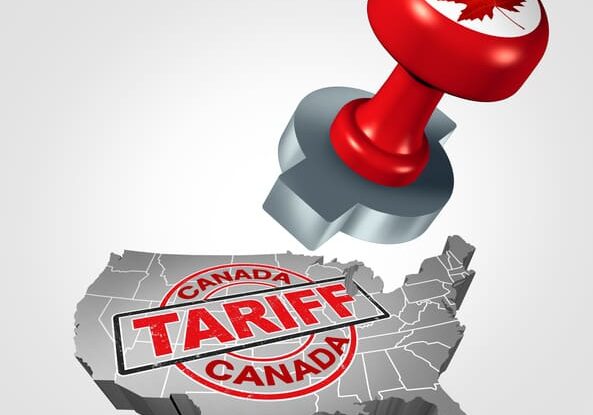Canadian tariffs on the United States as steel and aluminum tariff stamp as an economic trade taxation NAFTA dispute over import and exports concept with 3D illustration elements.