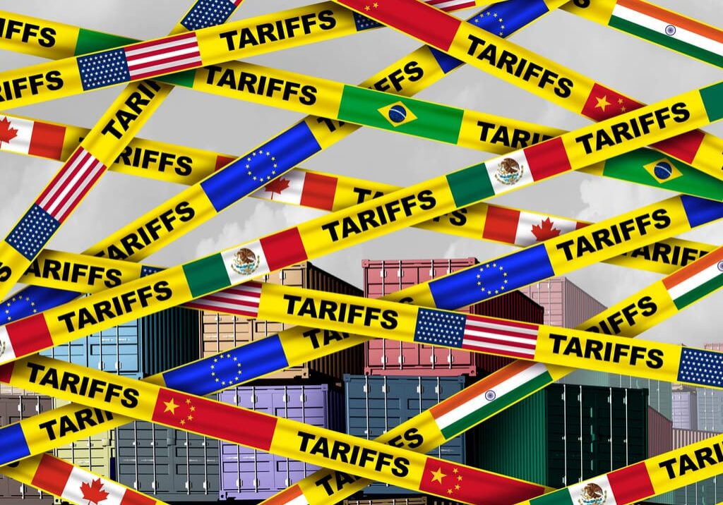 Reciprocal tariffs and US government tax or punative global tariff trade war policy or duties imposed on imports and exports by a government on international imported or exported goods as Protectionism.