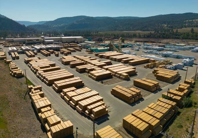 Princeton, Canada - June 8, 2025: Aerial drone view of the Weyerhaeuser Princeton lumber industry sawmill located in Princeton, British Columbia, Canada.