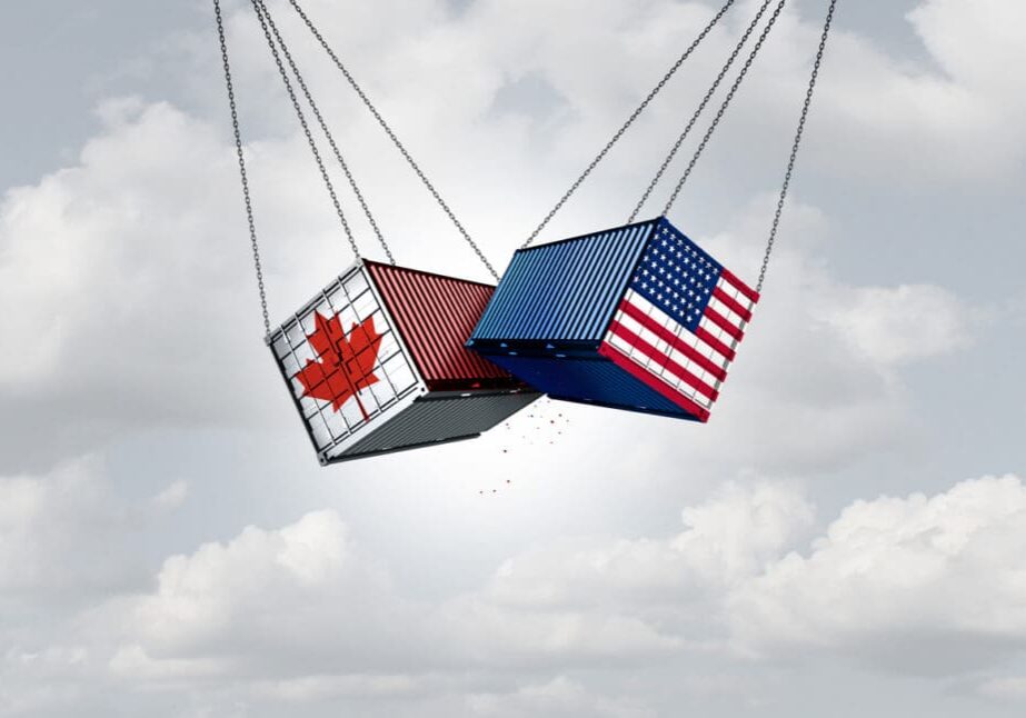 USA Canada Trade War and United States or USA Canadian trade relationship crisis as American tariffs conflict with two opposing North American trading partners as an economic import and exports dispute concept.
