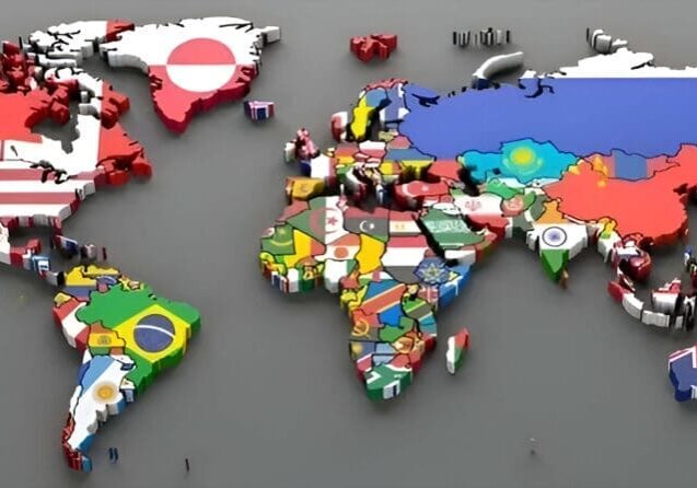 A 3D world map displays countries with flags on their respective locations, including notable flags like the USA, Brazil, Russia, India, and Australia. This map can also be utilized to highlight regions covered by Brand Protection Services.