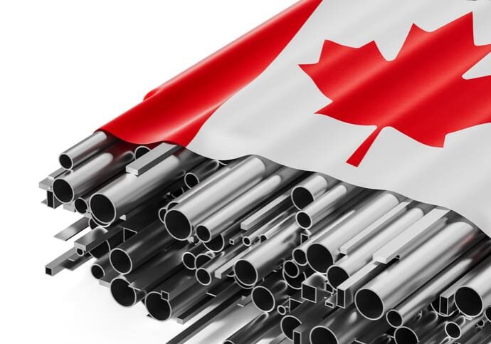 Stack of steel pipes and metal bars with a Canadian flag draped over them, symbolizing Canada's metal and steel industry. 3D Rendering